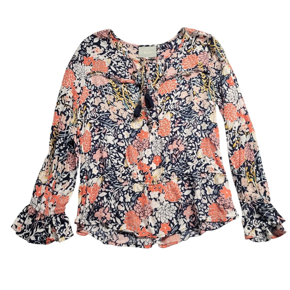 Maeve Anthropologie Floral Tassel Tie Peplum Blouse Small Navy Pink Bell Sleeve